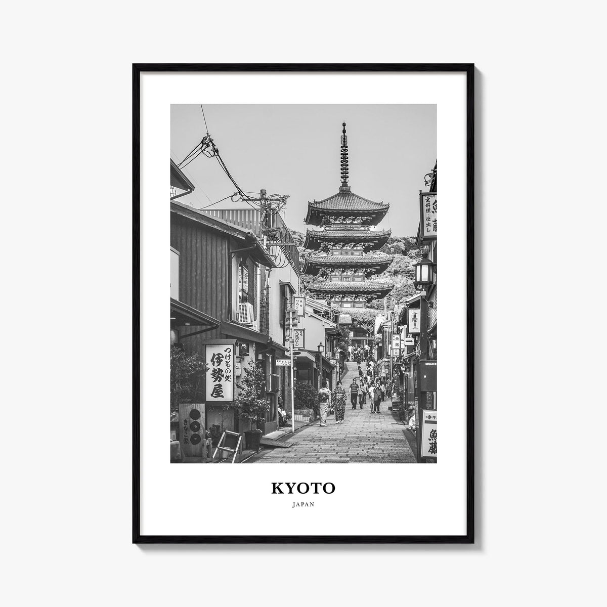 Kyoto no. 2 black & white classic poster of Japan – vertical wall art, unframed print shown in interior mockup