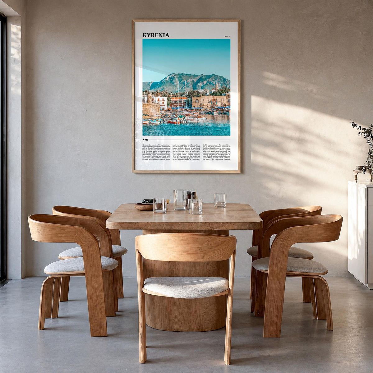 Kyrenia no. 1 colorful travel poster of Cyprus – vertical wall art in natural wood frame, hanging on wall