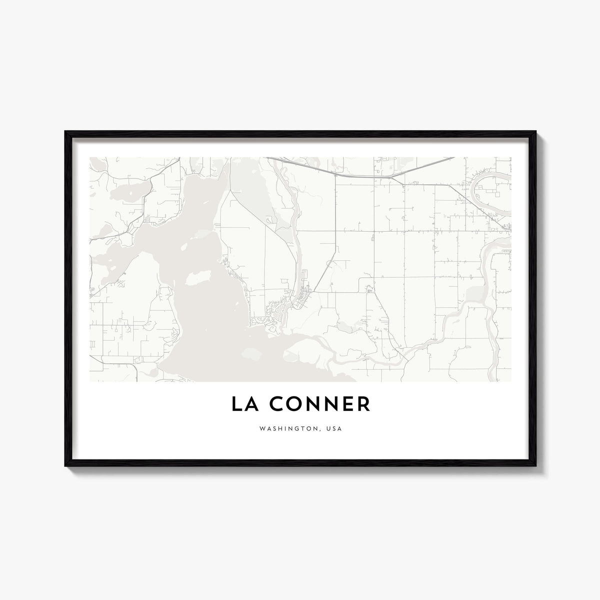 La Conner black & white map poster of Washington, USA – horizontal wall art, unframed print shown in interior mockup