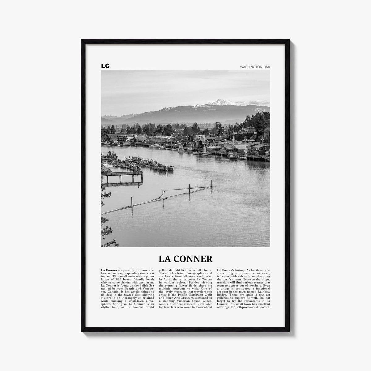 La Conner black & white newspaper poster of Washington, USA – vertical wall art, unframed print shown in interior mockup