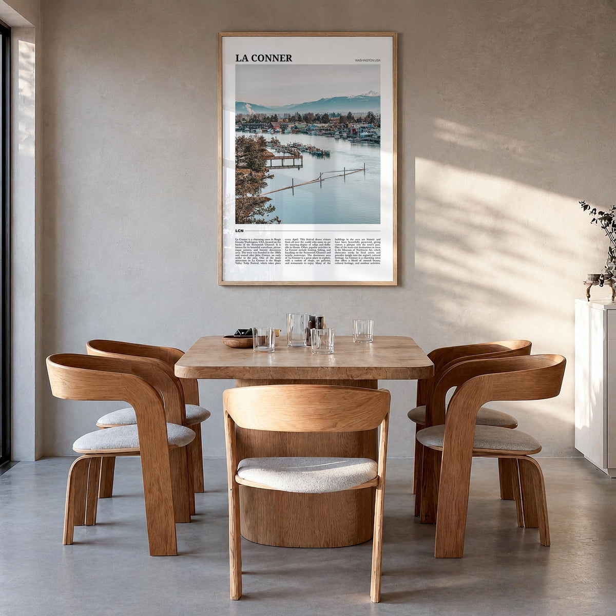 La Conner colorful travel poster of Washington, USA – vertical wall art in natural wood frame, hanging on wall
