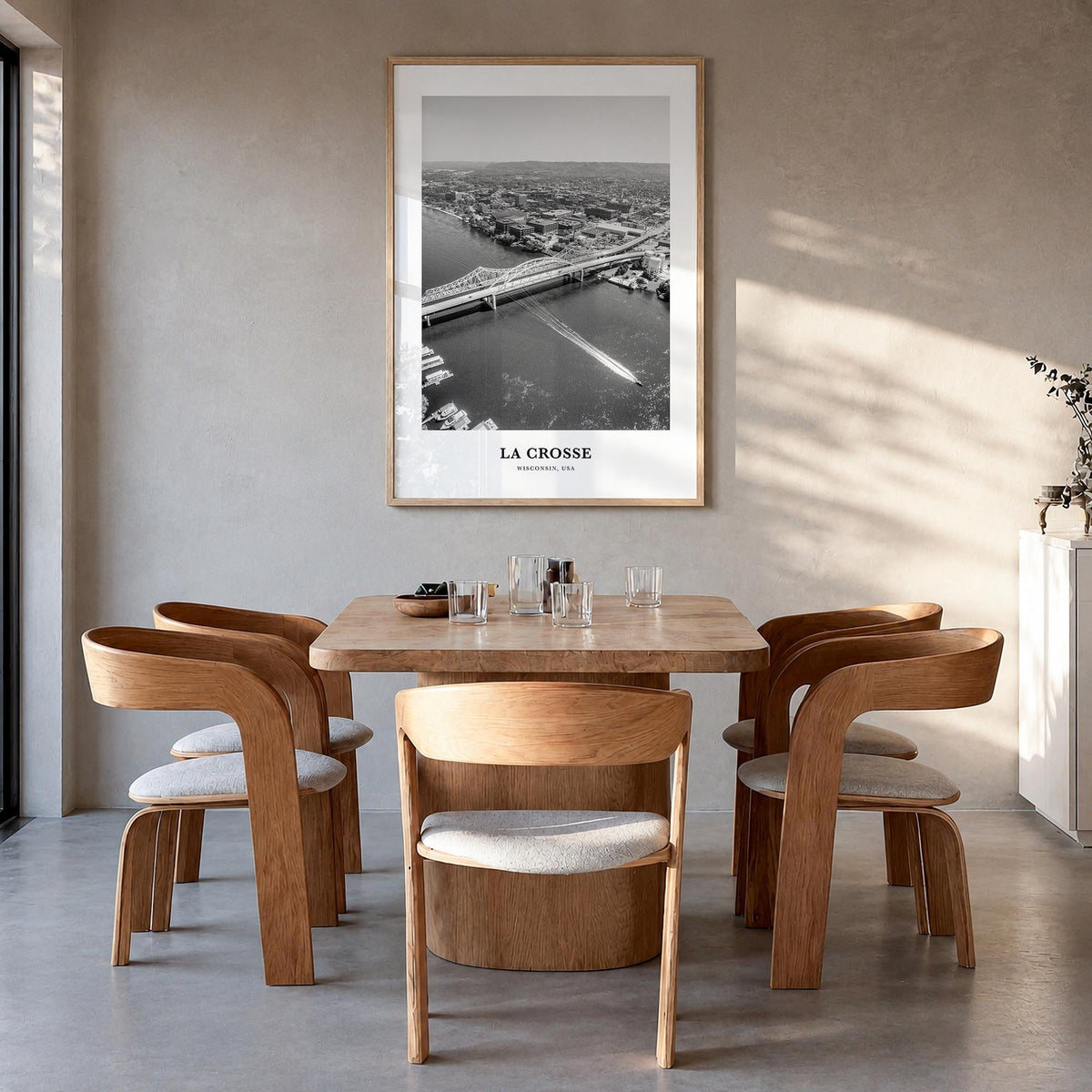 La Crosse black & white classic poster of Wisconsin, USA – vertical wall art in natural wood frame, hanging on wall
