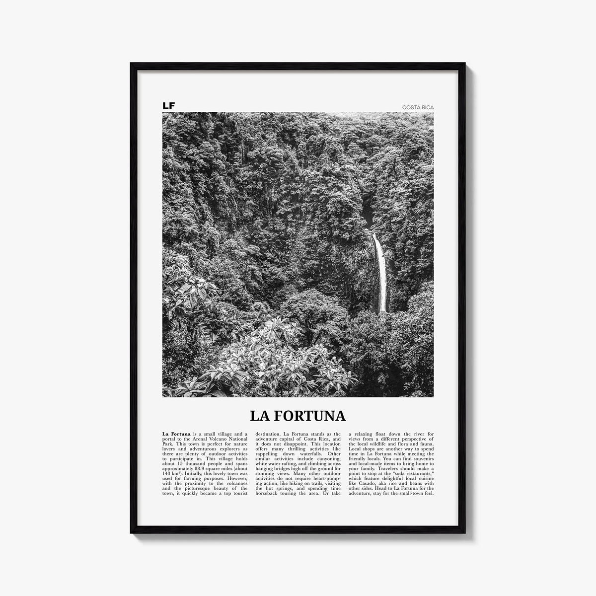 La Fortuna black & white newspaper poster of Costa Rica – vertical wall art, unframed print shown in interior mockup