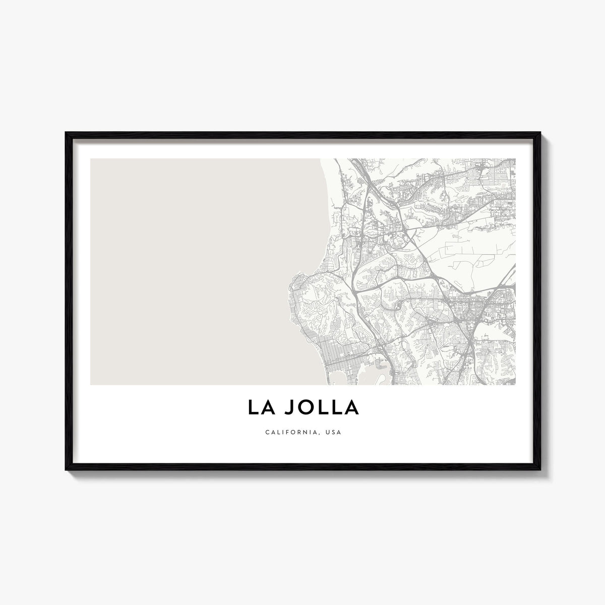 La Jolla black & white map poster of San Diego, California – horizontal wall art, unframed print shown in interior mockup