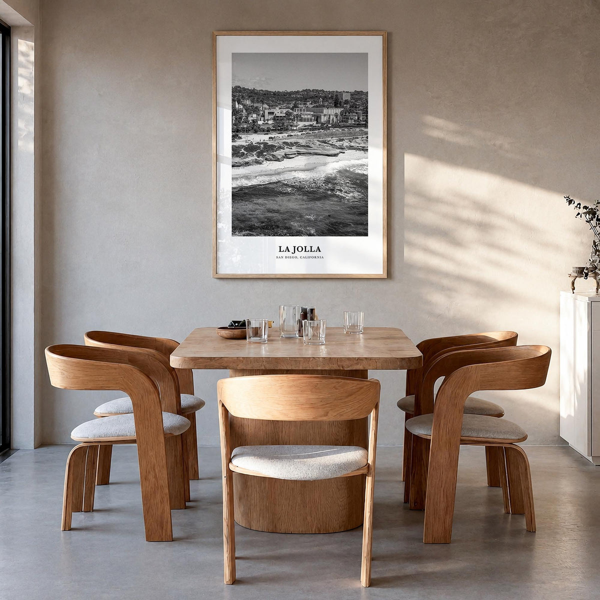 La Jolla no. 1 black & white classic poster of San Diego, California – vertical wall art in natural wood frame, hanging on wa