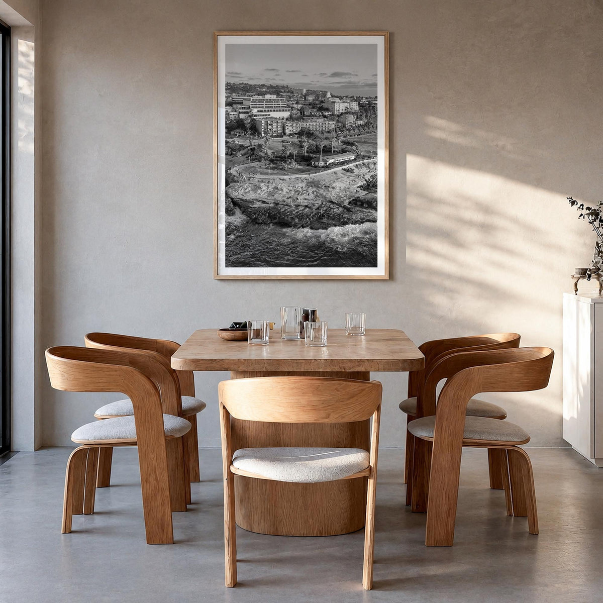 La Jolla no. 1 black & white photo poster of San Diego, California – vertical wall art in natural wood frame with white borde