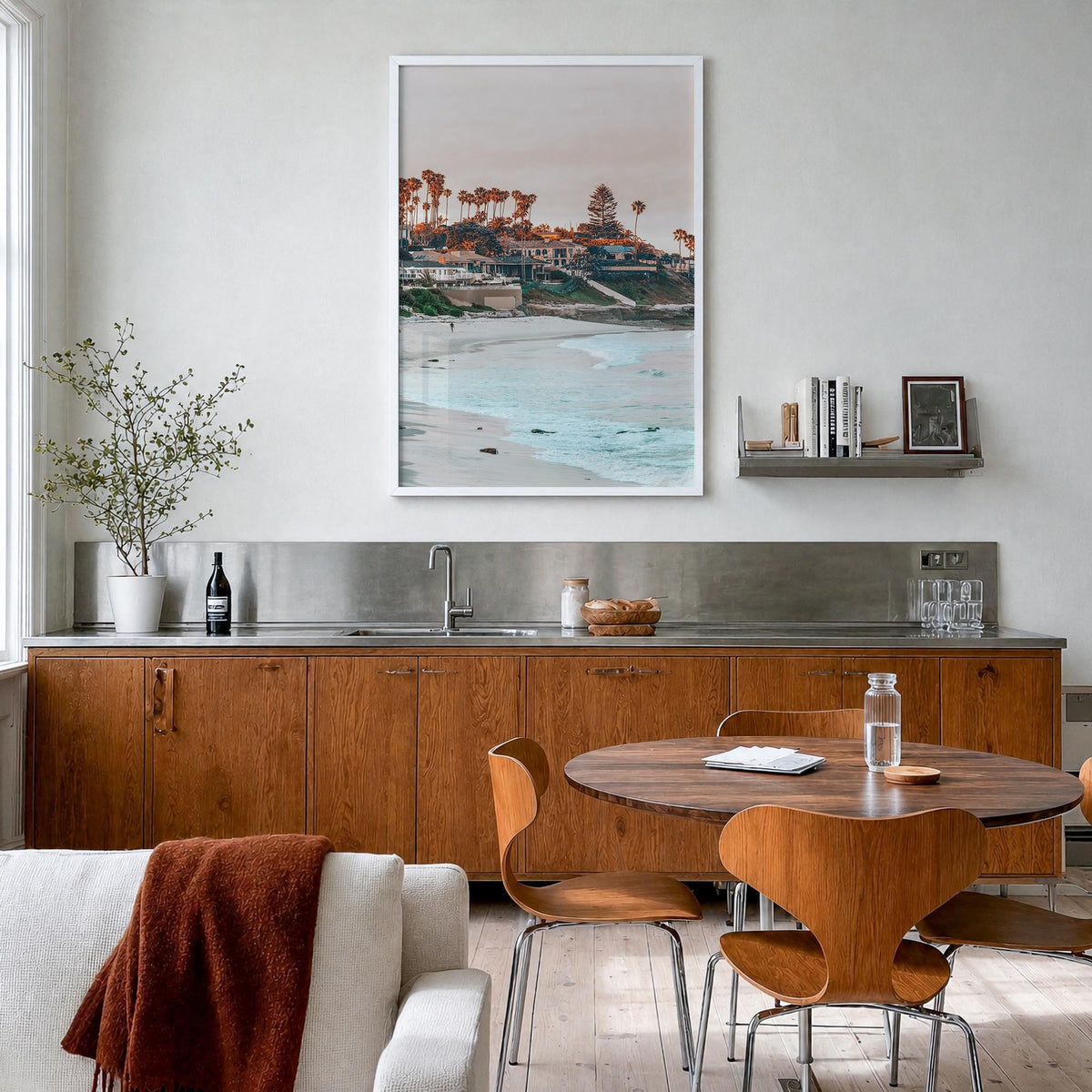 La Jolla no. 1 colorful photo poster of San Diego, California – vertical wall art in white wood frame, hanging on wall