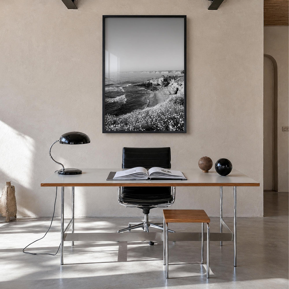 La Jolla no. 2 black & white photo poster of San Diego, California – vertical wall art in black wood frame, hanging on wall