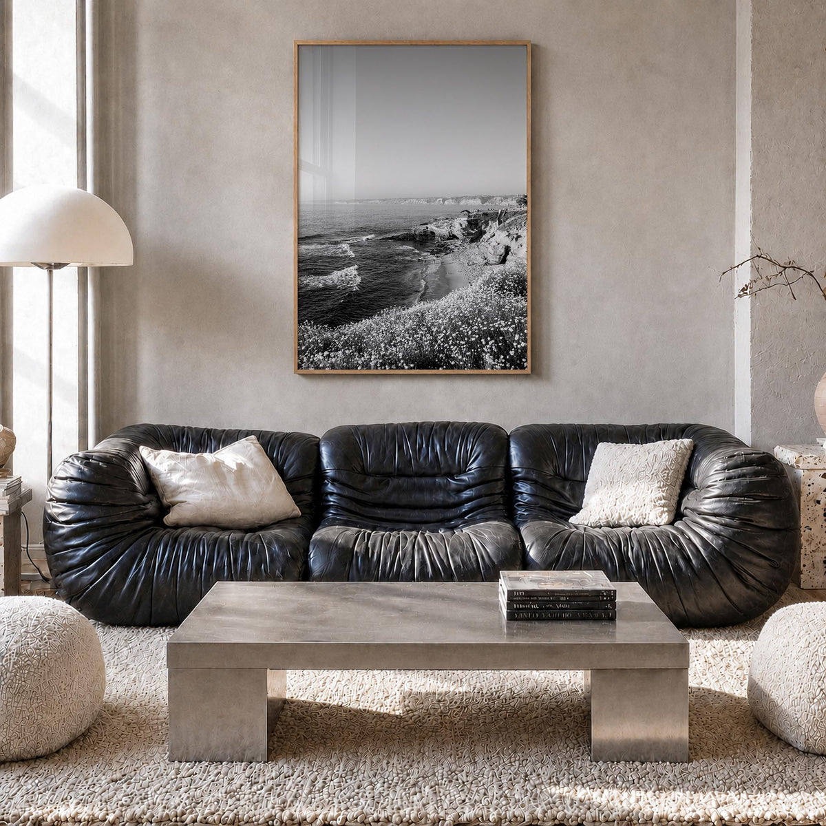 La Jolla no. 2 black & white photo poster of San Diego, California – vertical wall art in natural wood frame, hanging on wall