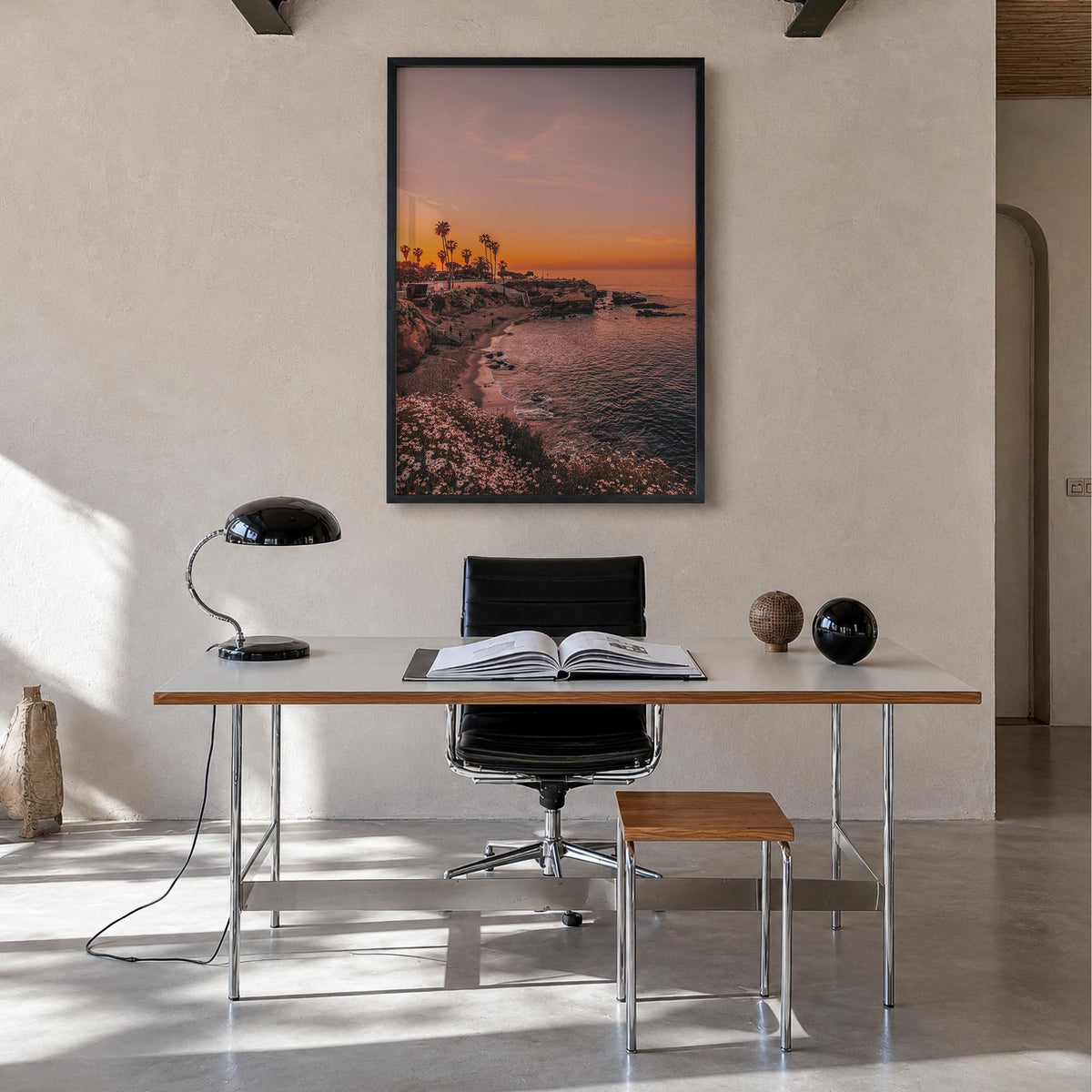 La Jolla no. 5 colorful photo poster of California, USA – vertical wall art in black wood frame, hanging on wall