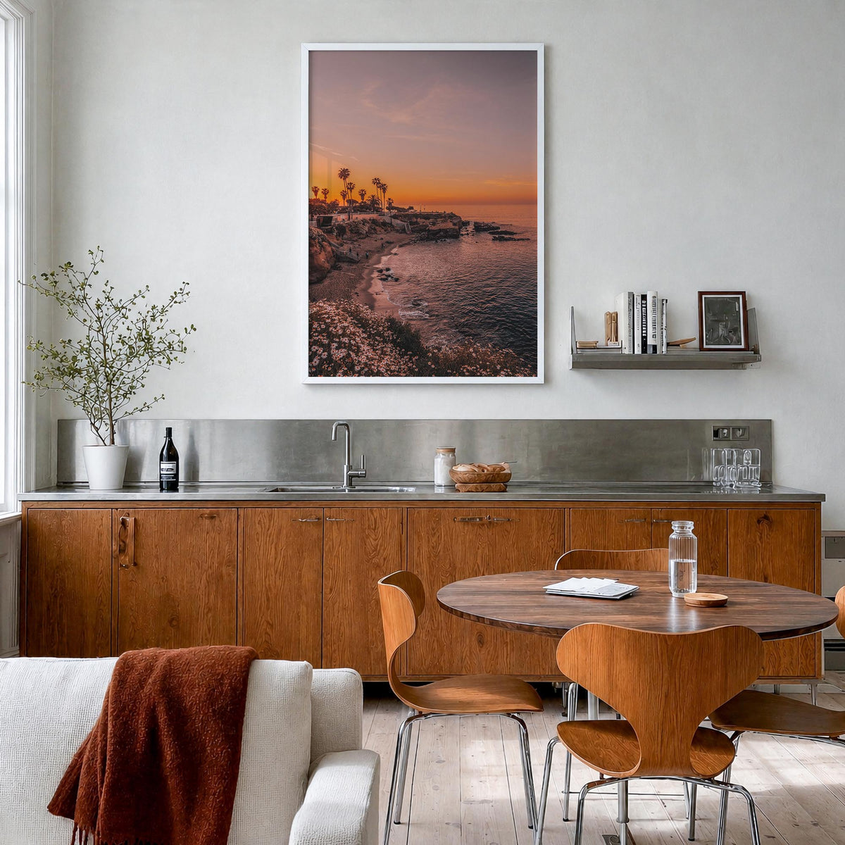 La Jolla no. 5 colorful photo poster of California, USA – vertical wall art in white wood frame, hanging on wall