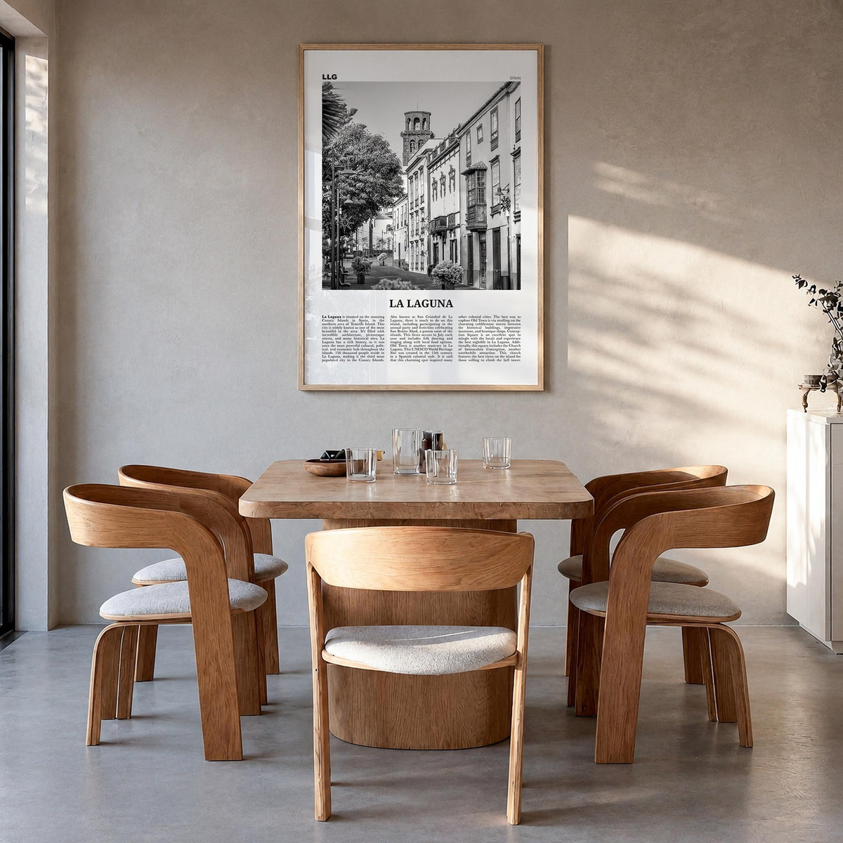 La Laguna black & white newspaper poster of Spain – vertical wall art in natural wood frame, hanging on wall