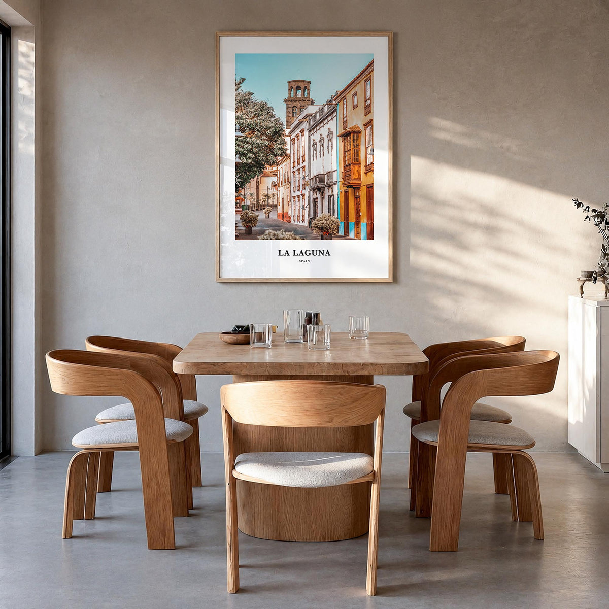 La Laguna colorful classic poster of Spain – vertical wall art in natural wood frame, hanging on wall