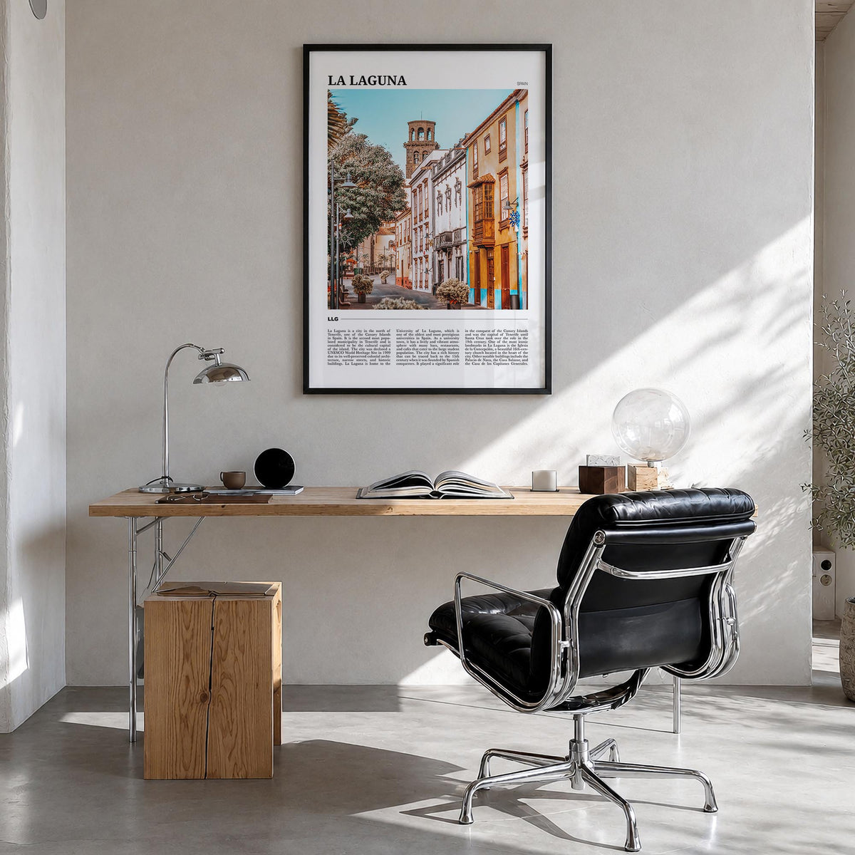 La Laguna colorful travel poster of Spain – vertical wall art in black wood frame, hanging on wall