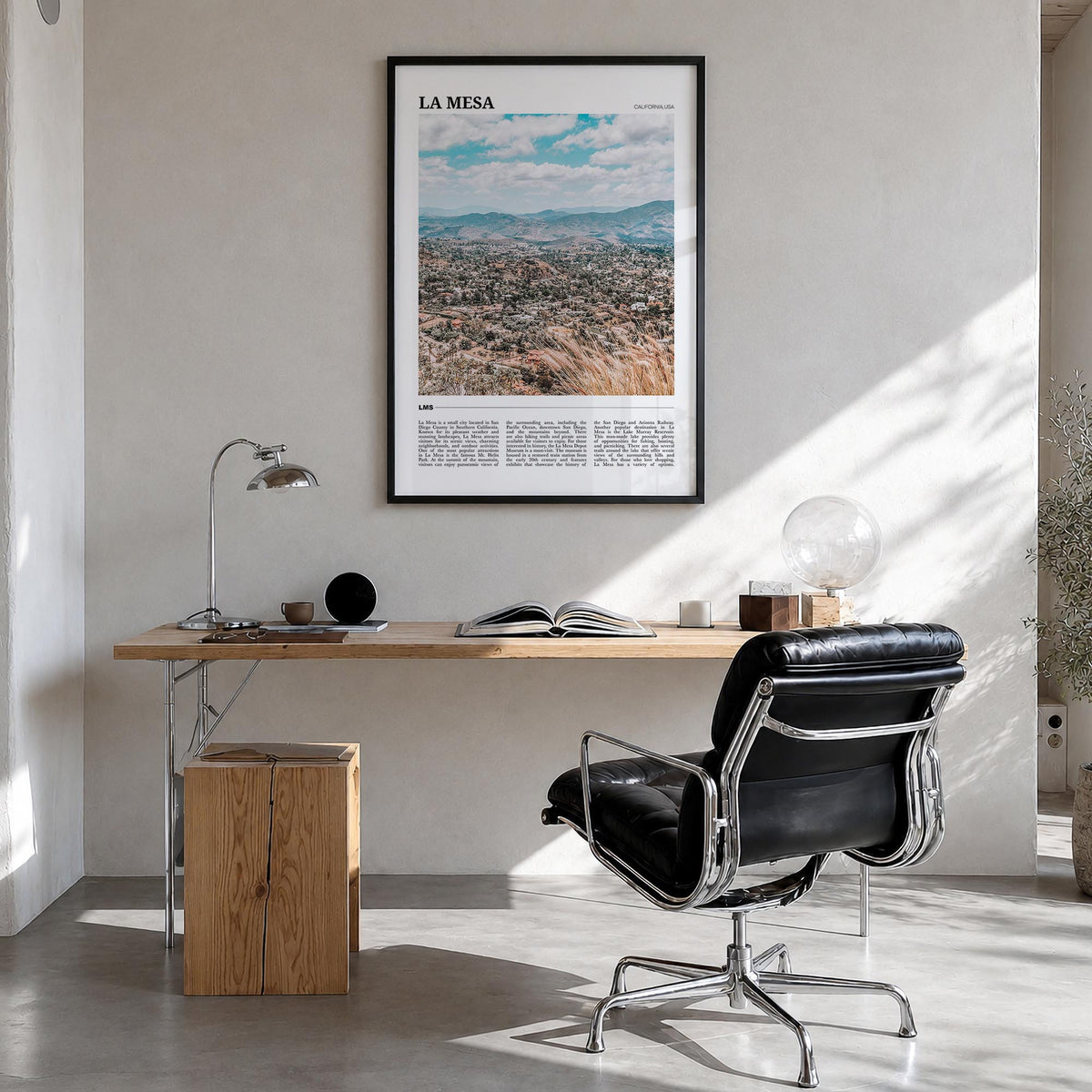 La Mesa colorful travel poster of California, USA – vertical wall art in black wood frame, hanging on wall