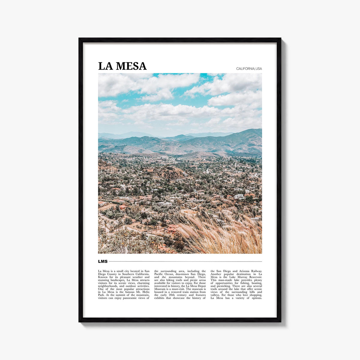 La Mesa colorful travel poster of California, USA – vertical wall art, unframed print shown in interior mockup