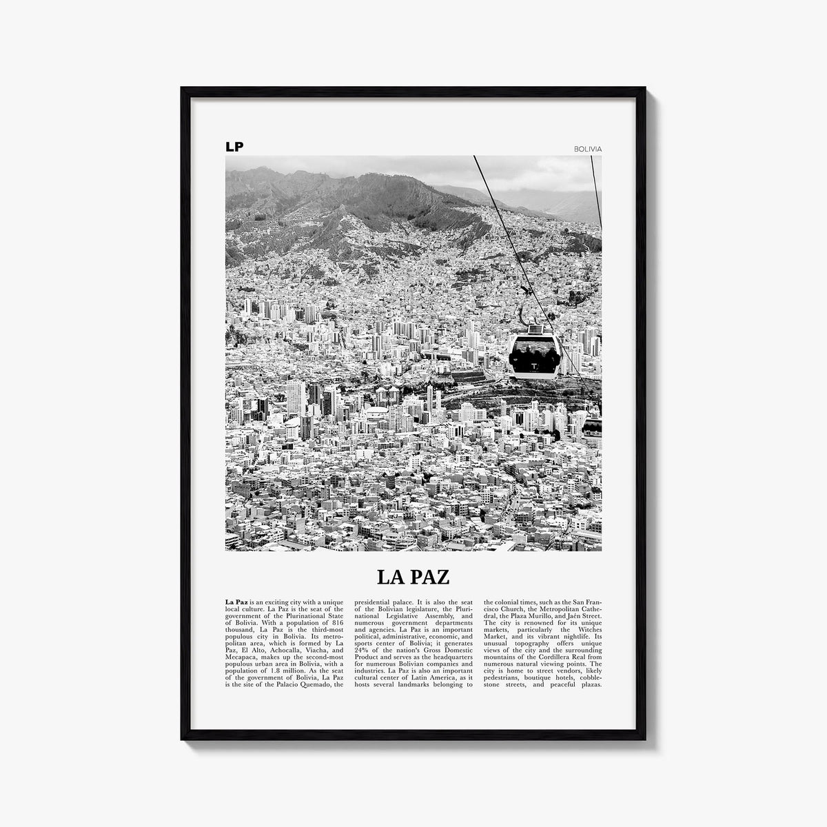 La Paz black & white newspaper poster of Bolivia – vertical wall art, unframed print shown in interior mockup