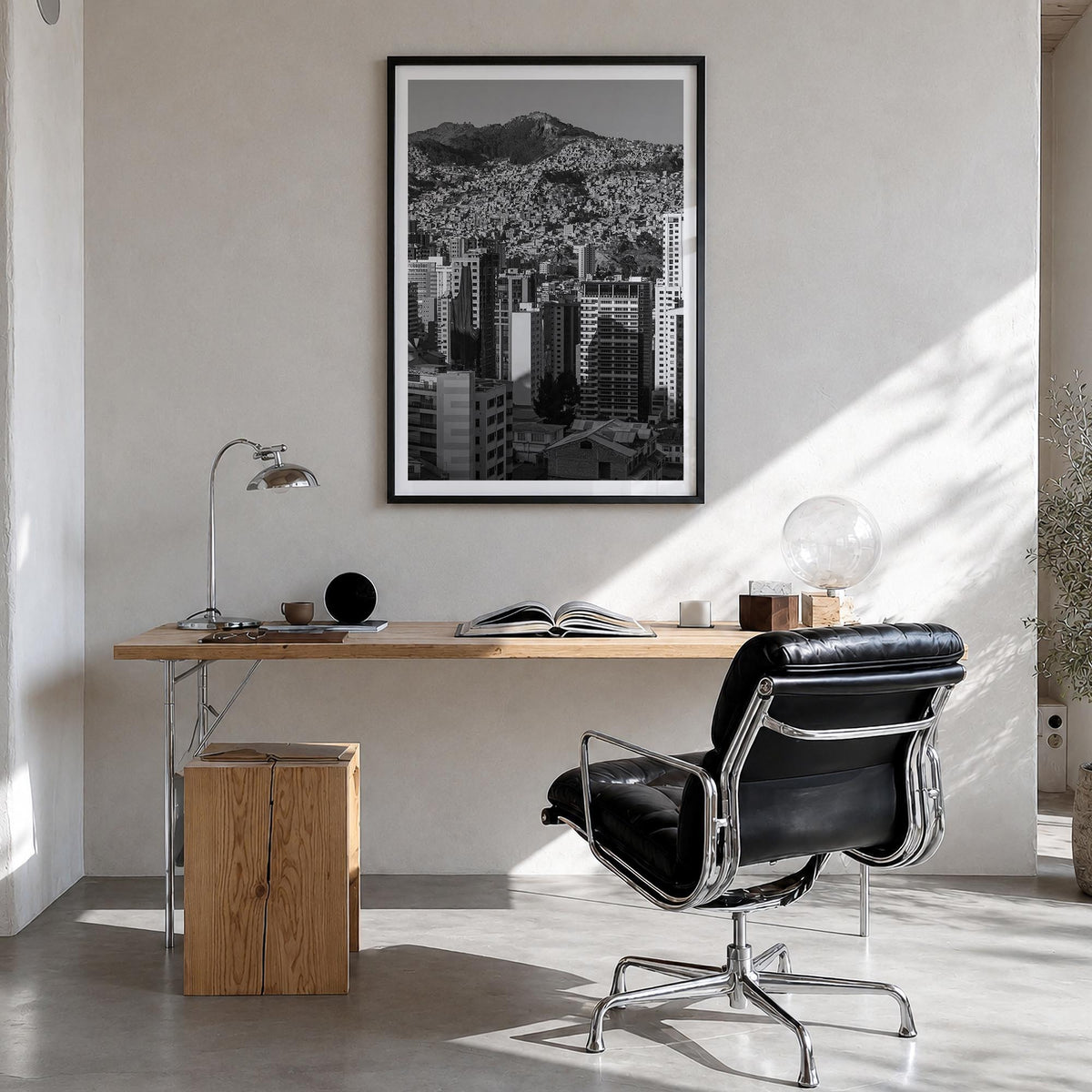 La Paz black & white photo poster of Bolivia – vertical wall art in black wood frame with white border, hanging on wall