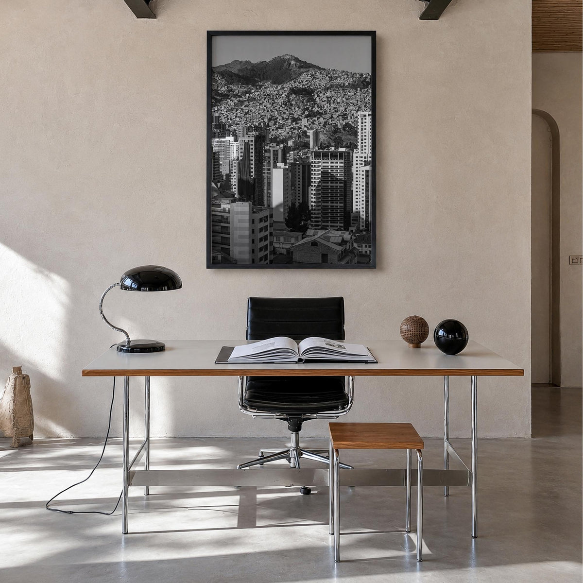 La Paz black & white photo poster of Bolivia – vertical wall art in black wood frame, hanging on wall
