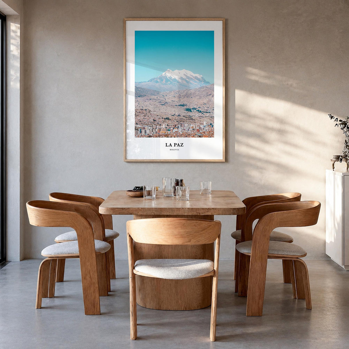 La Paz colorful classic poster of Bolivia – vertical wall art in natural wood frame, hanging on wall