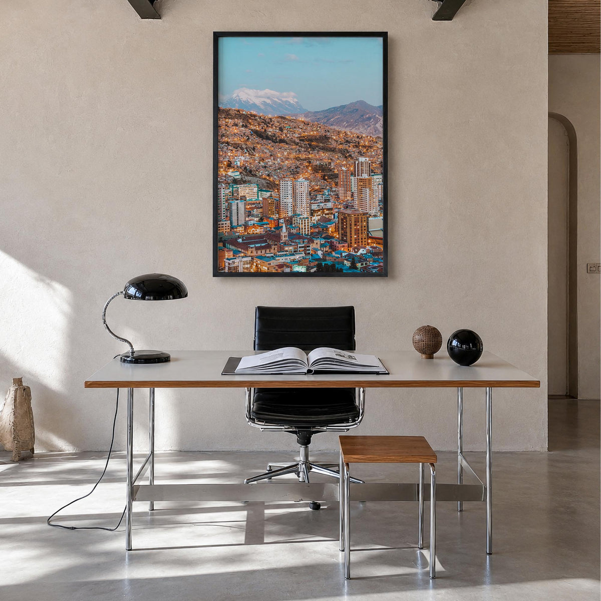 La Paz colorful photo poster of Bolivia – vertical wall art in black wood frame, hanging on wall