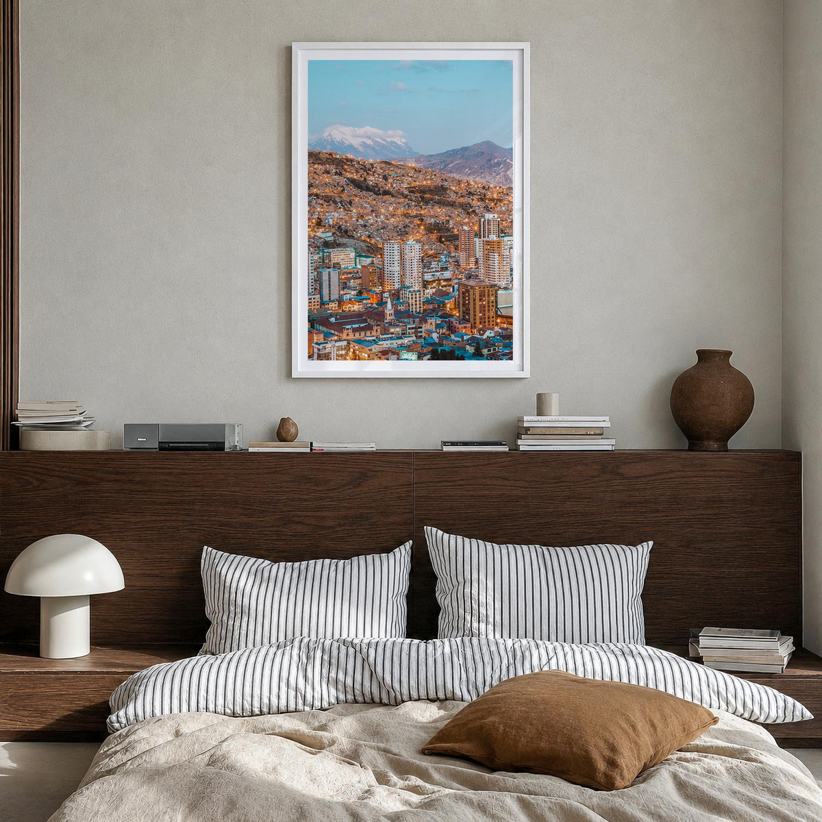 La Paz colorful photo poster of Bolivia – vertical wall art in white wood frame with white border, hanging on wall