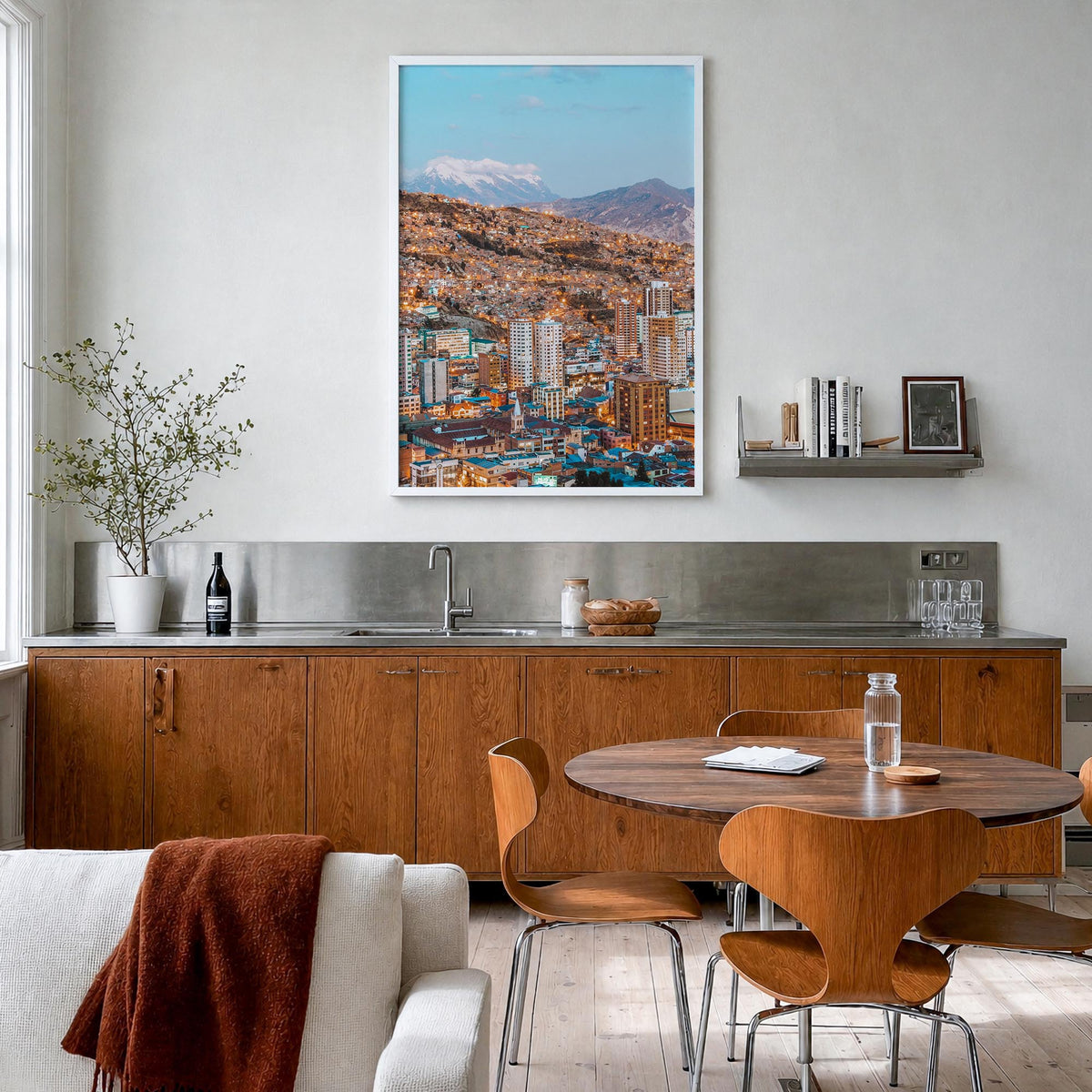 La Paz colorful photo poster of Bolivia – vertical wall art in white wood frame, hanging on wall