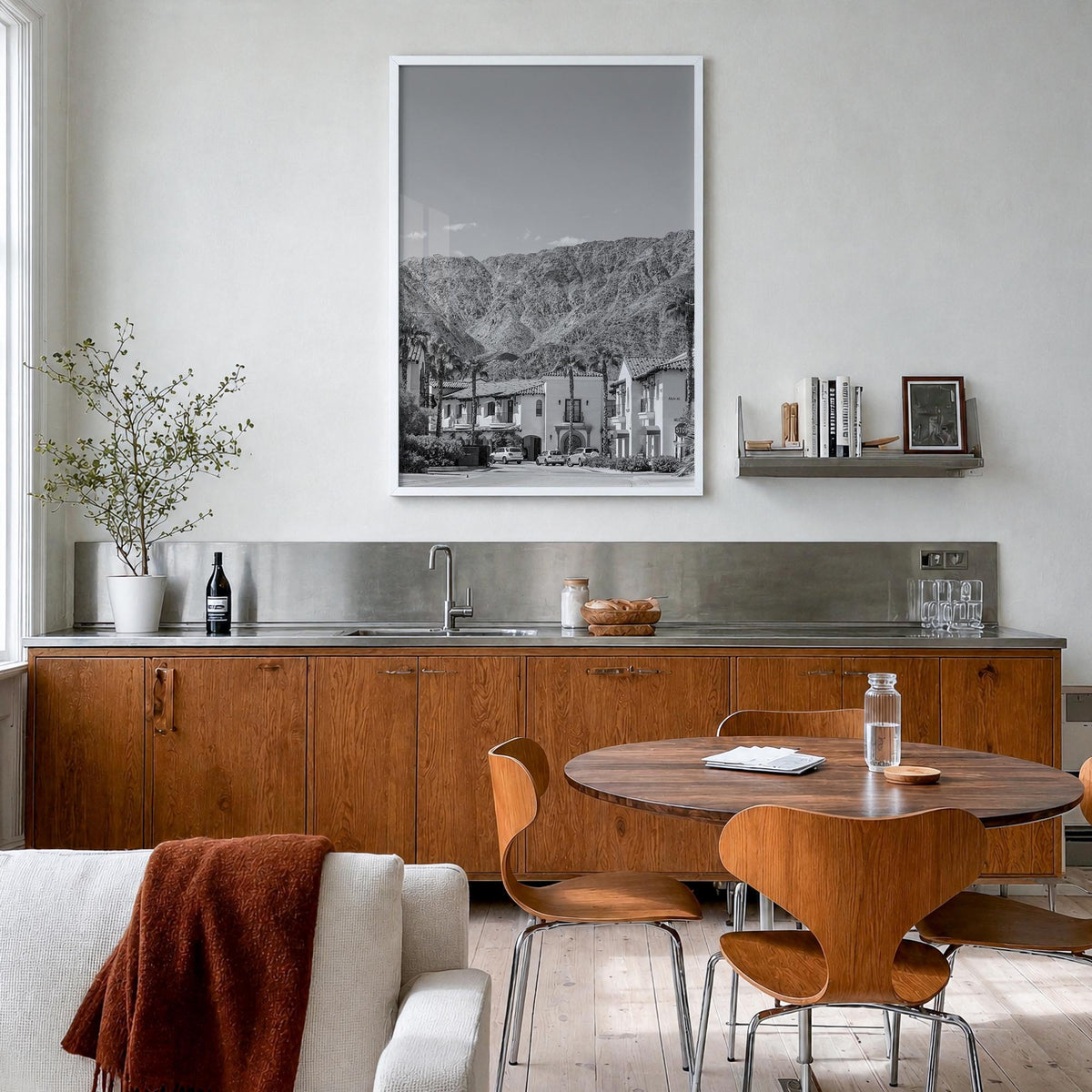 La Quinta black & white photo poster of California, USA – vertical wall art in white wood frame, hanging on wall