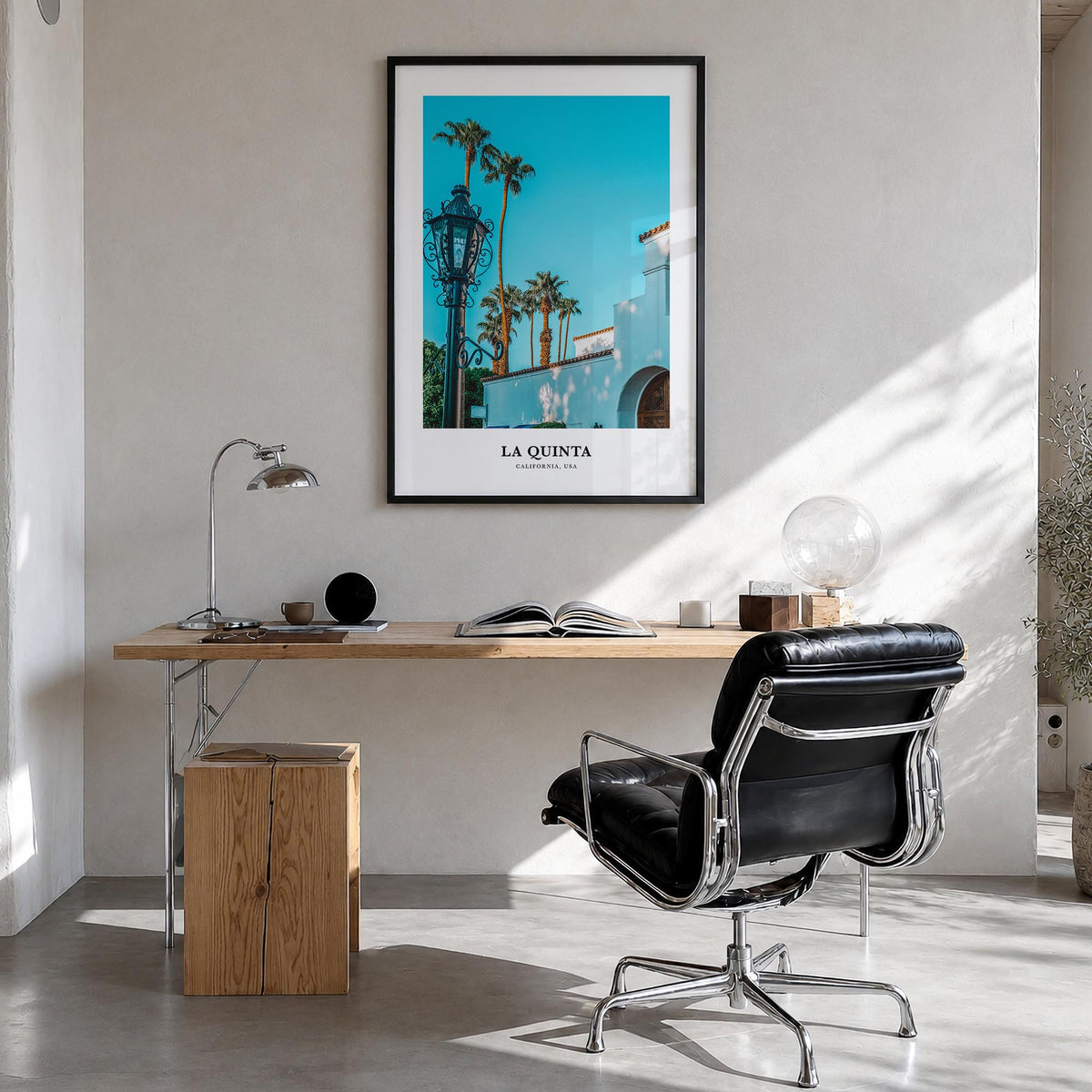 La Quinta colorful classic poster of California, USA – vertical wall art in black wood frame, hanging on wall