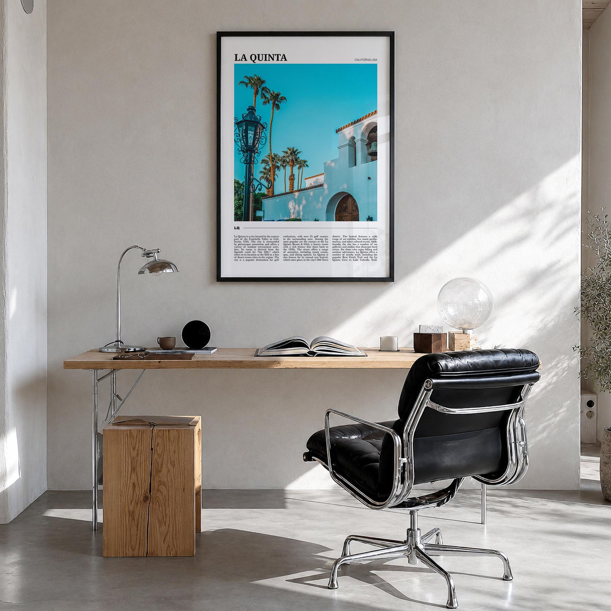 La Quinta colorful travel poster of California, USA – vertical wall art in black wood frame, hanging on wall