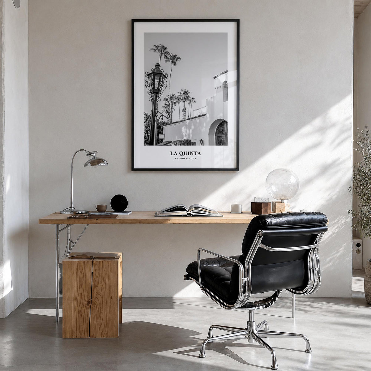 La Quinta no. 1 black & white classic poster of California, USA – vertical wall art in black wood frame, hanging on wall