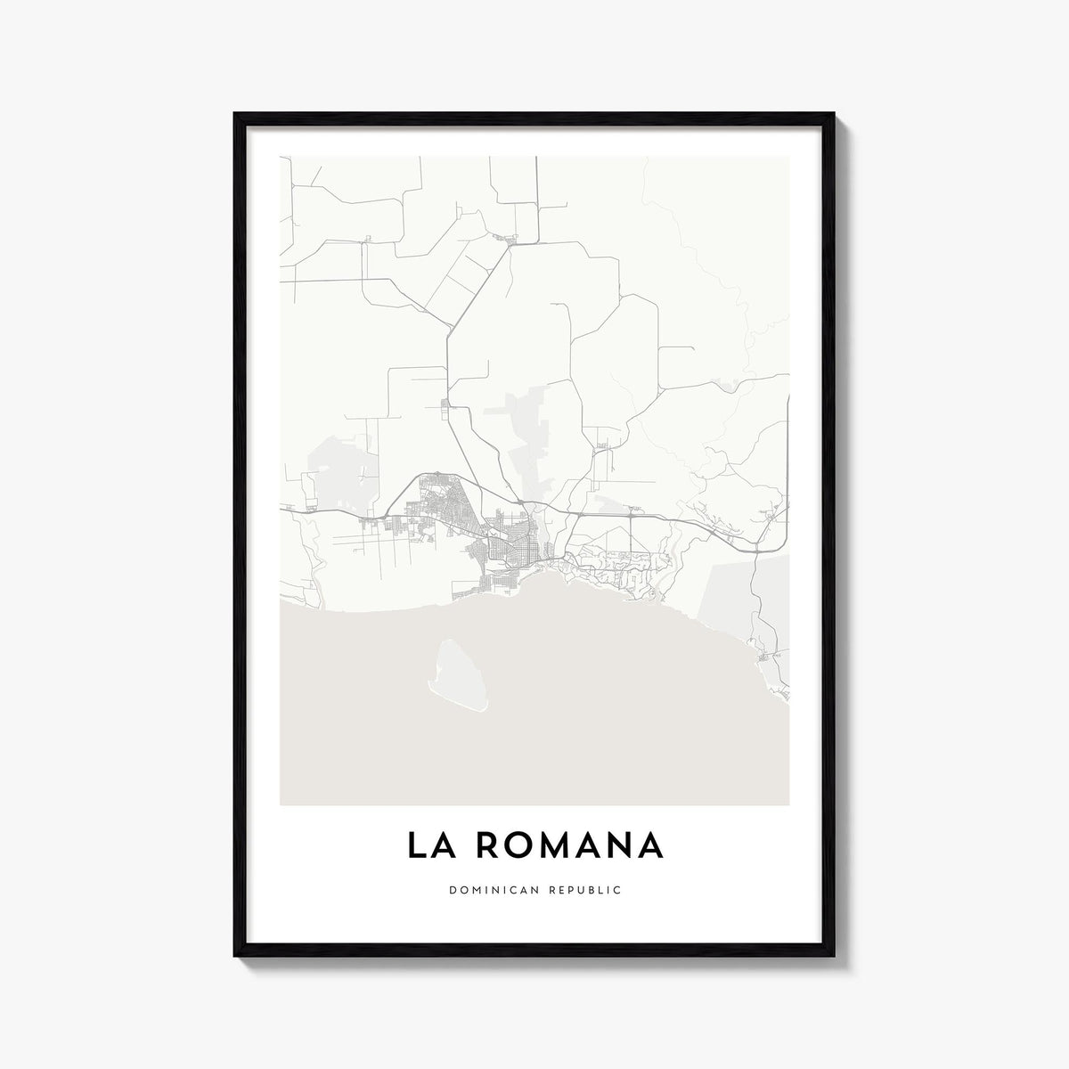 La Romana black & white map poster of Dominican Republic – vertical wall art, unframed print shown in interior mockup