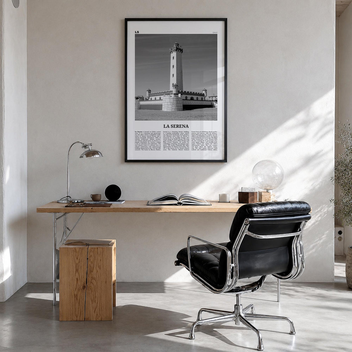 La Serena black & white newspaper poster of Chile – vertical wall art in black wood frame, hanging on wall