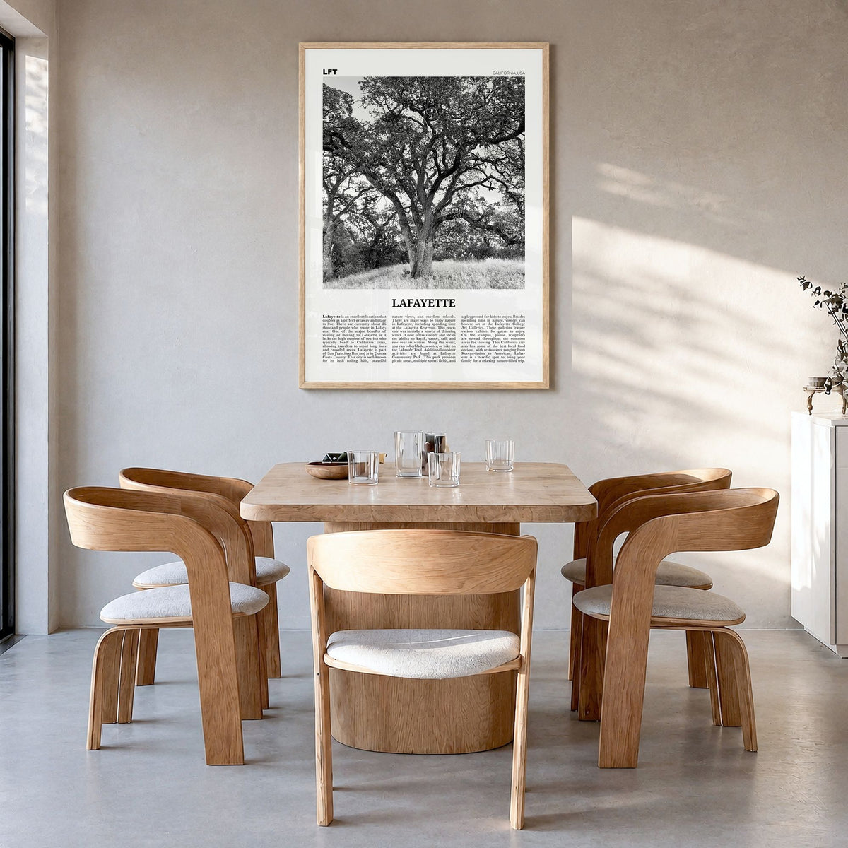 Lafayette, California Newspaper Poster in a natural wood frame, hanging in a dining room