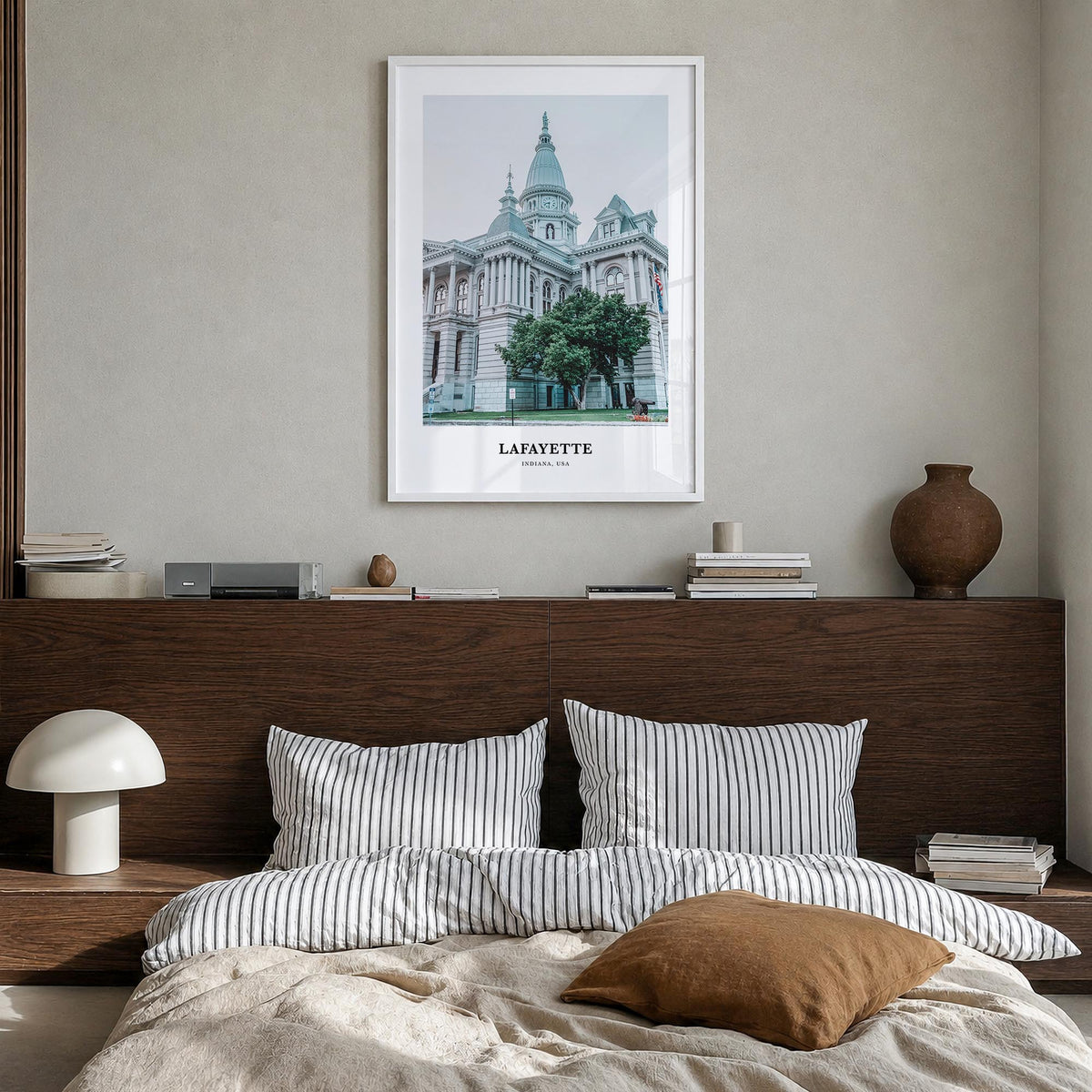 Lafayette, Indiana colorful classic poster of Indiana, USA – vertical wall art in white wood frame, hanging on wall