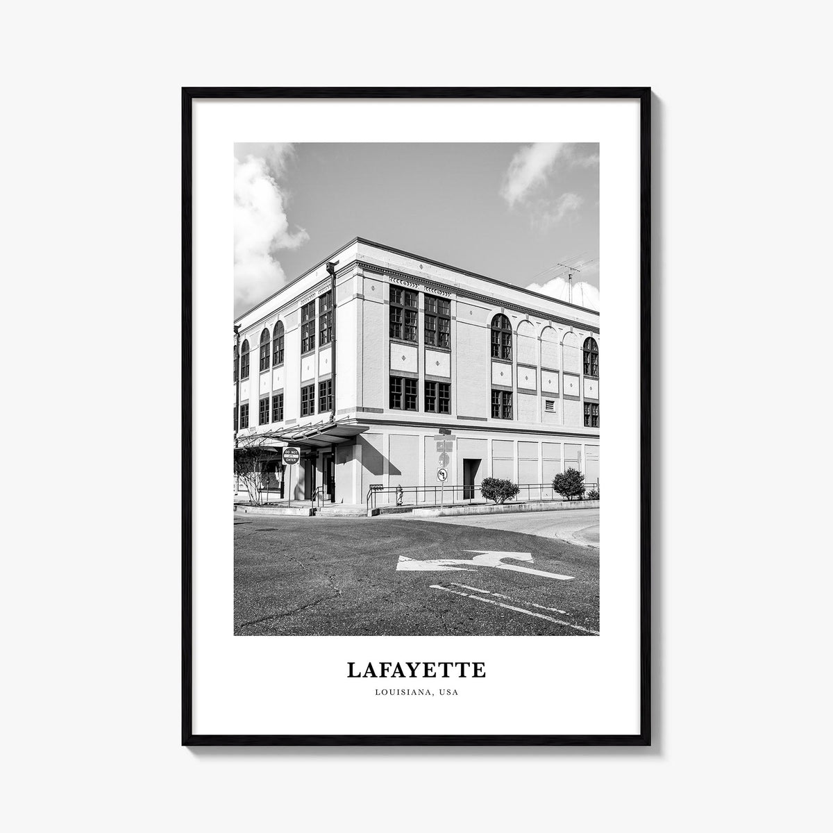 Lafayette, Louisiana black & white classic poster of Louisiana, USA – vertical wall art, unframed print shown in interior moc