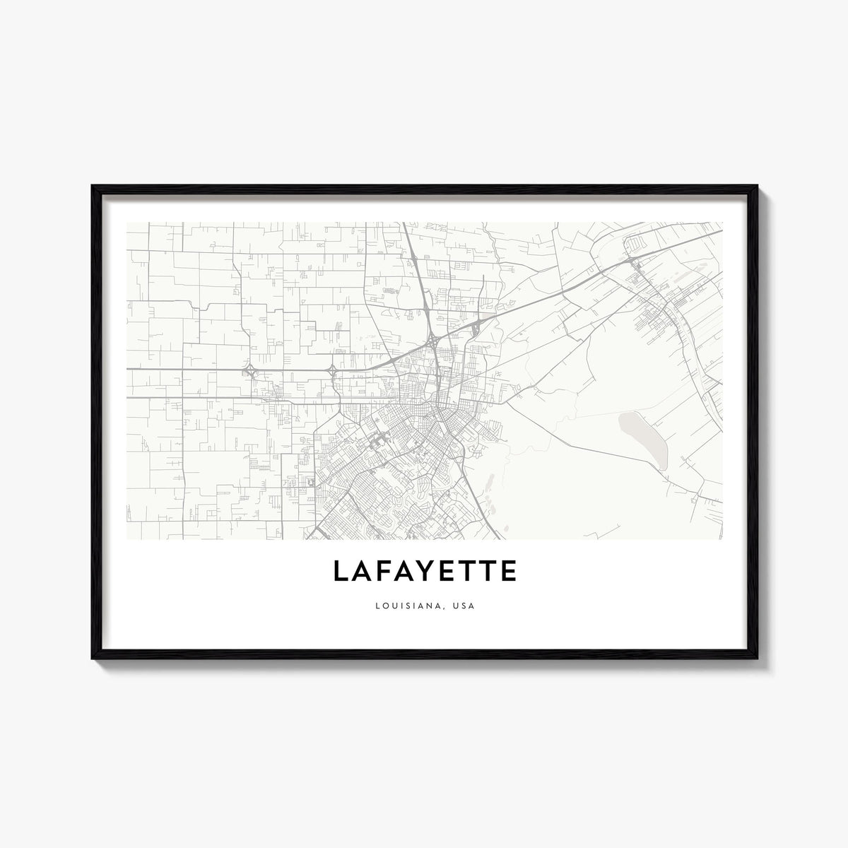 Lafayette, Louisiana black & white map poster of Louisiana, USA – horizontal wall art, unframed print shown in interior mocku