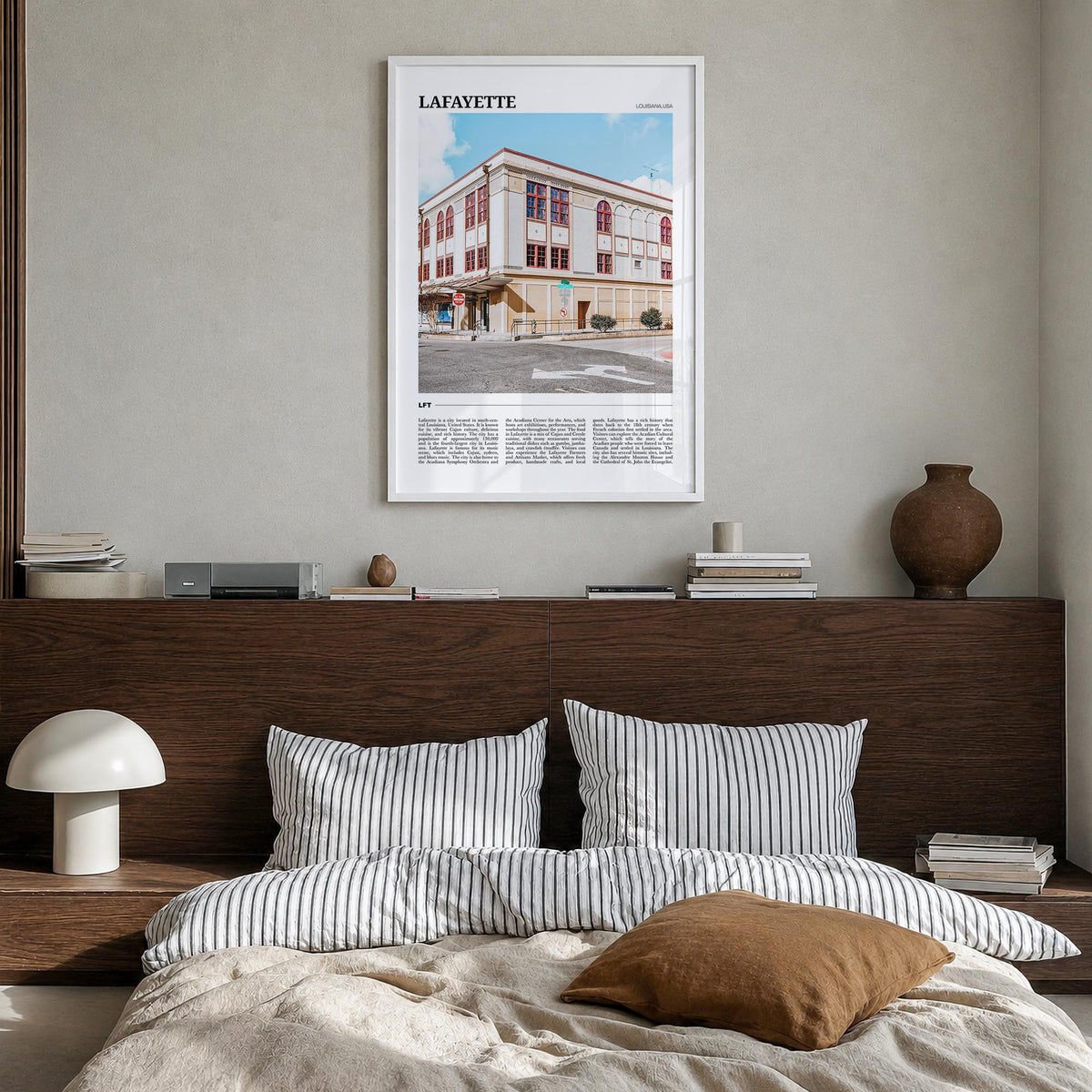 Lafayette, Louisiana colorful travel poster of Louisiana, USA – vertical wall art in white wood frame, hanging on wall