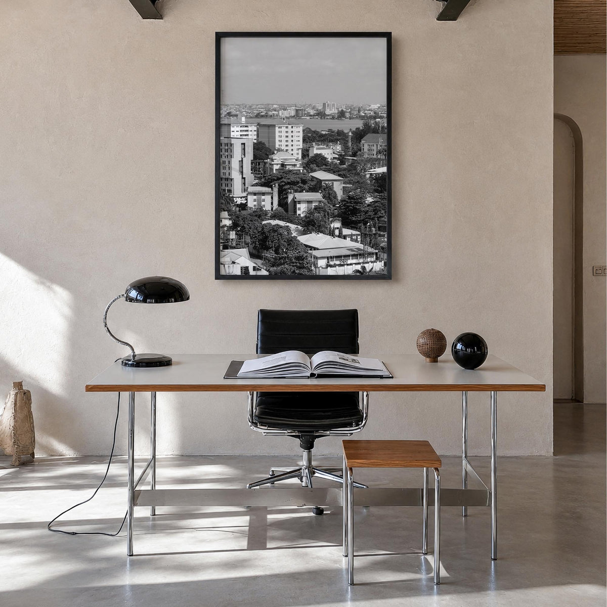 Lagos, Nigeria black & white photo poster of Nigeria – vertical wall art in black wood frame, hanging on wall