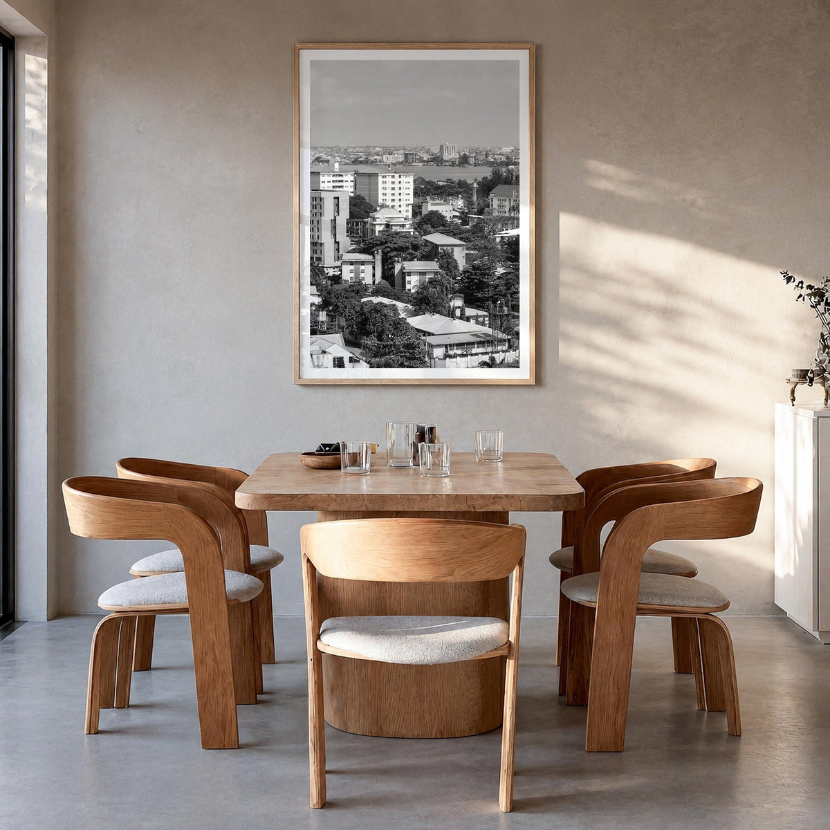 Lagos, Nigeria black & white photo poster of Nigeria – vertical wall art in natural wood frame with white border, hanging on