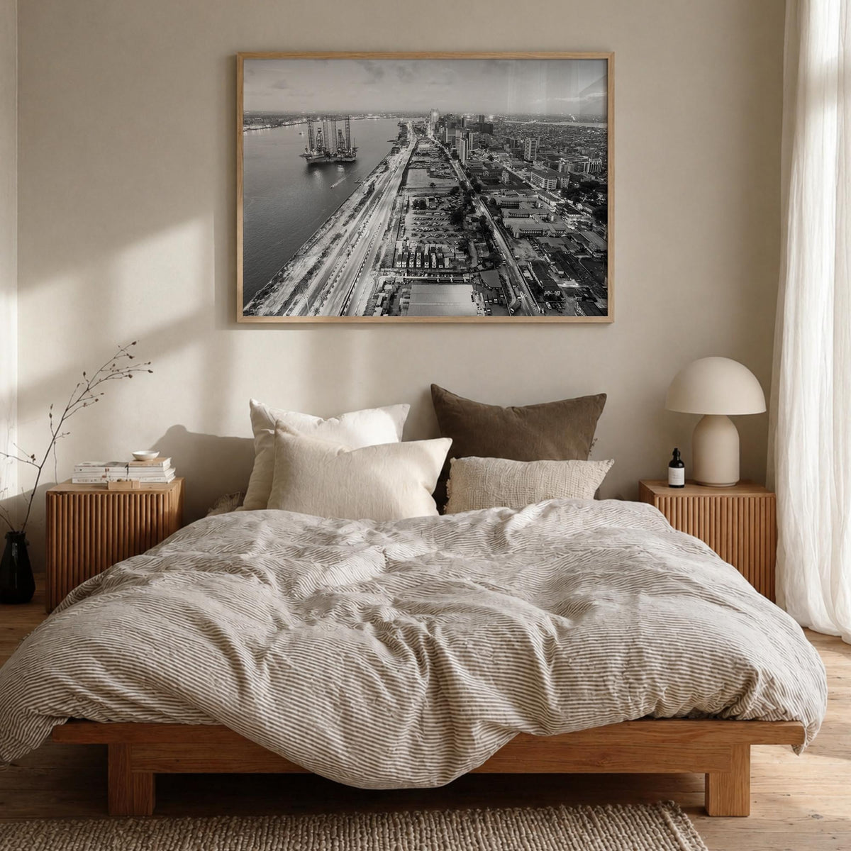 Lagos, Nigeria black & white photo poster of Nigeria – horizontal wall art in natural wood frame, hanging on wall