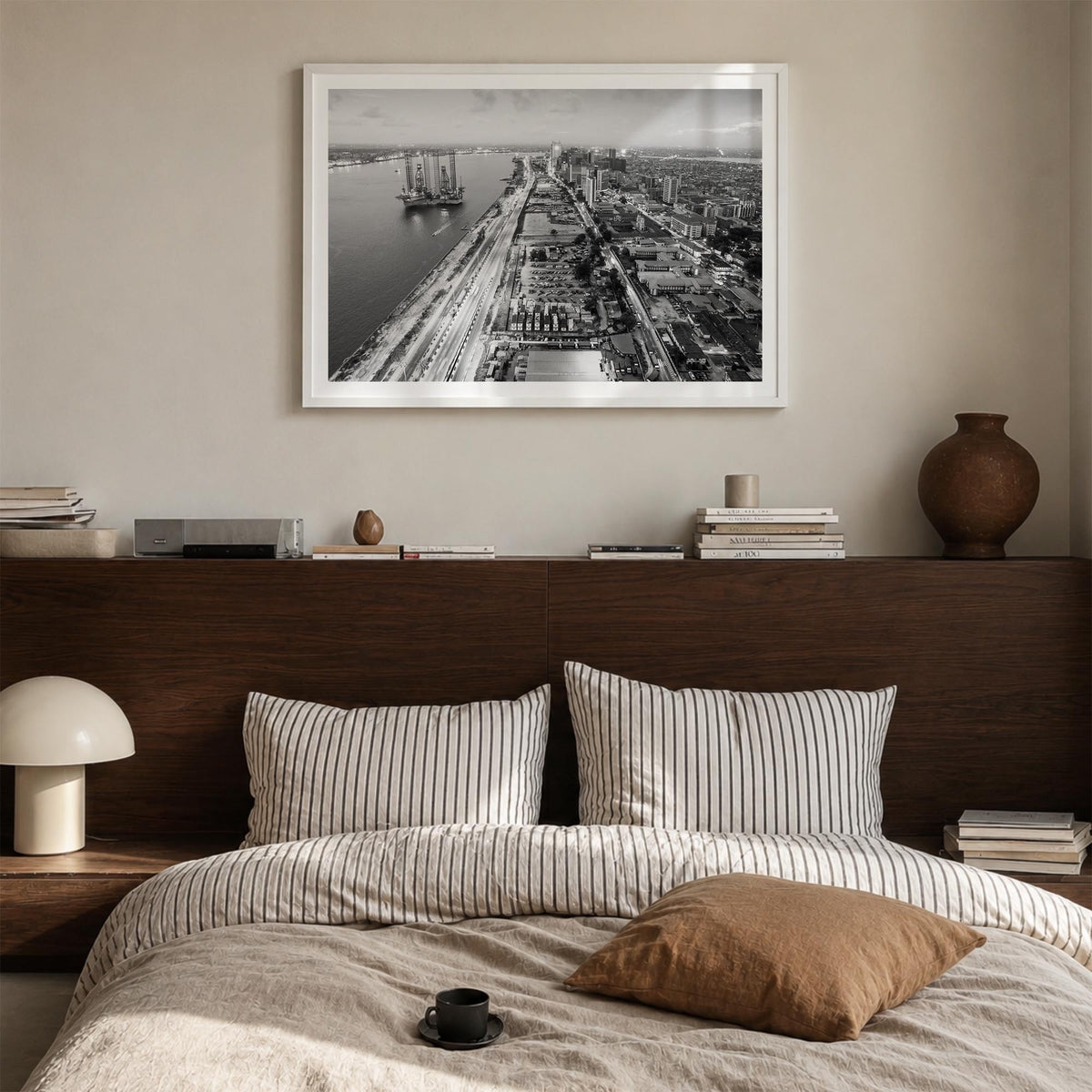 Lagos, Nigeria black & white photo poster of Nigeria – horizontal wall art in white wood frame with white border, hanging on