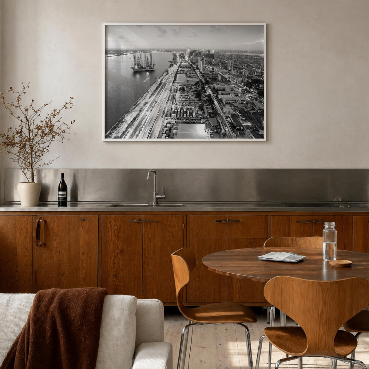 Lagos, Nigeria black & white photo poster of Nigeria – horizontal wall art in white wood frame, hanging on wall