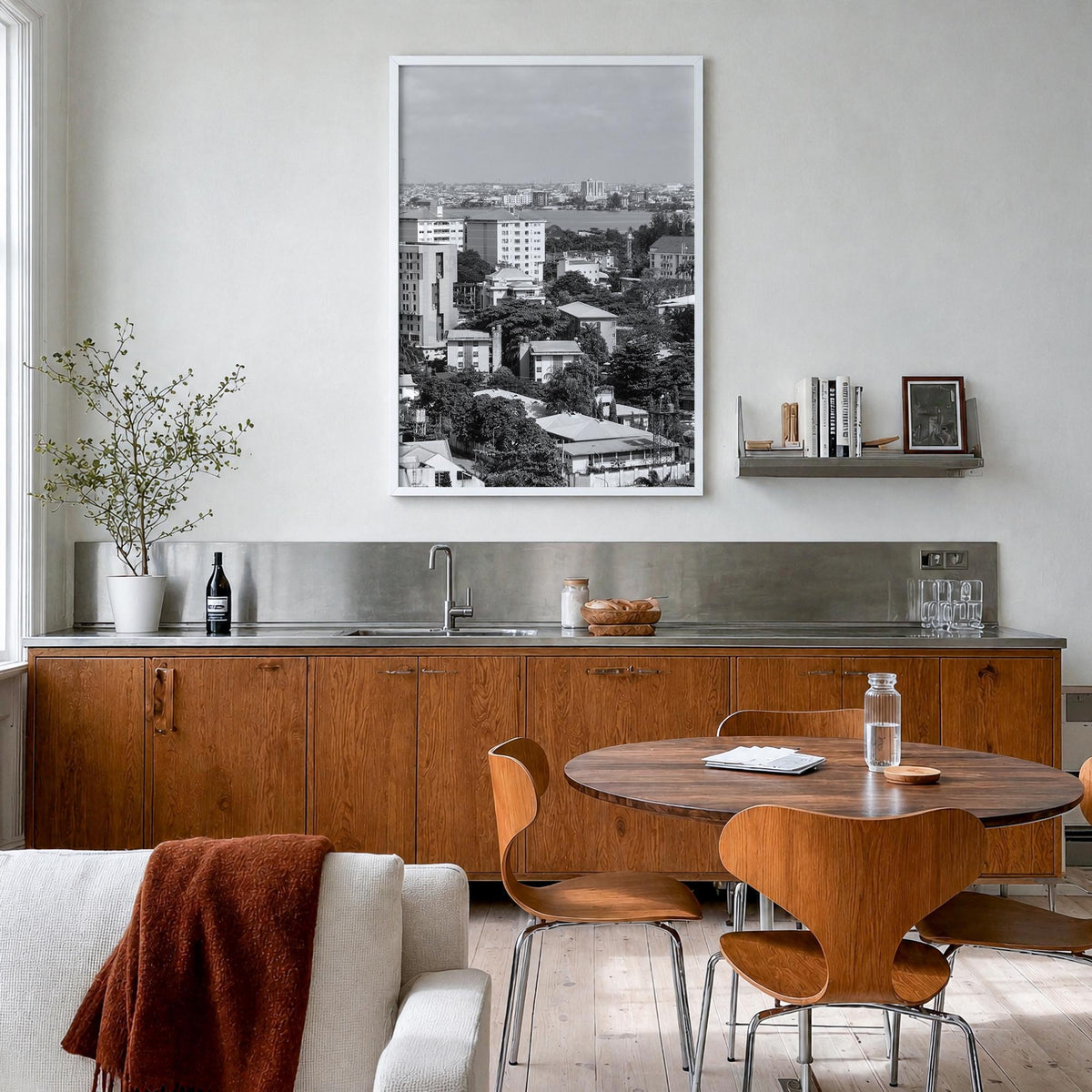Lagos, Nigeria black & white photo poster of Nigeria – vertical wall art in white wood frame, hanging on wall