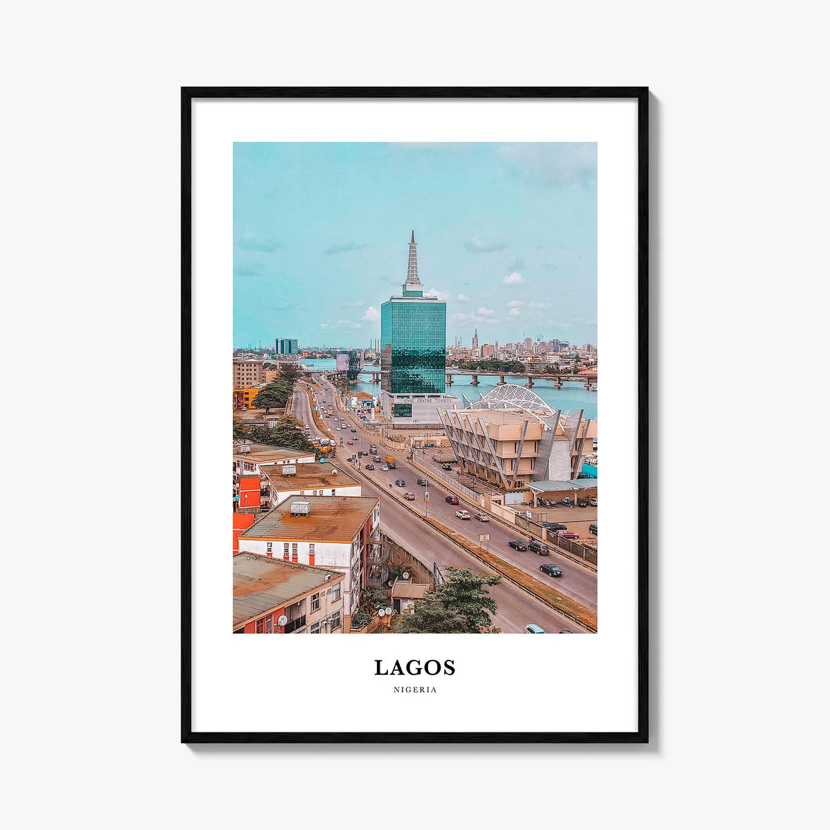Lagos, Nigeria colorful classic poster of Nigeria – vertical wall art, unframed print shown in interior mockup