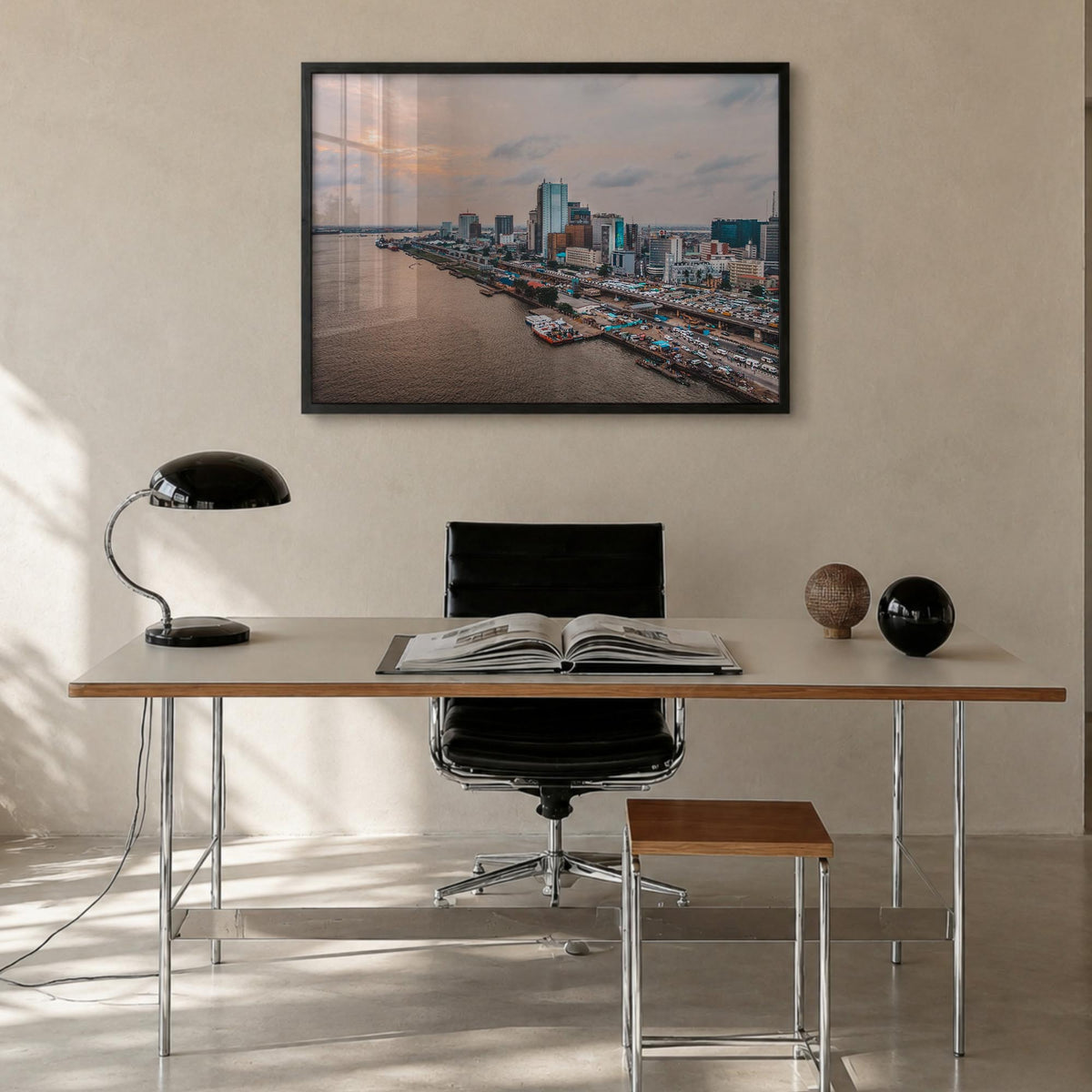 Lagos, Nigeria colorful photo poster of Nigeria – horizontal wall art in black wood frame, hanging on wall