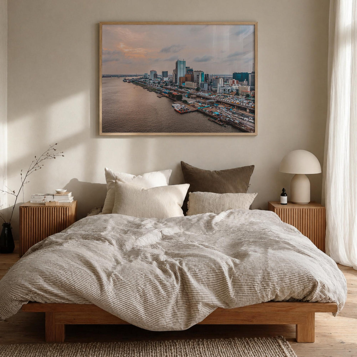 Lagos, Nigeria colorful photo poster of Nigeria – horizontal wall art in natural wood frame, hanging on wall