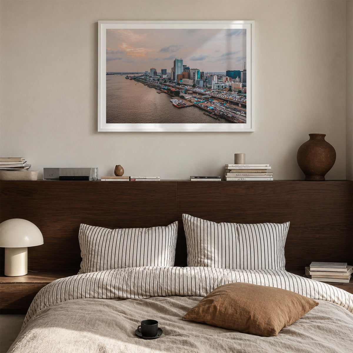 Lagos, Nigeria colorful photo poster of Nigeria – horizontal wall art in white wood frame with white border, hanging on wall