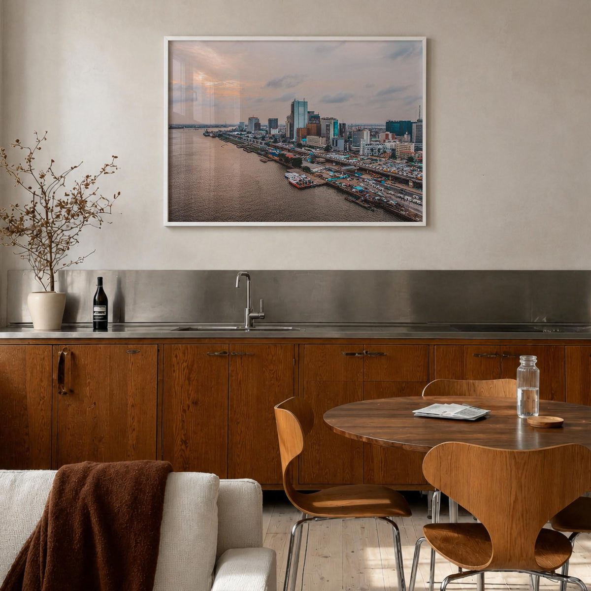 Lagos, Nigeria colorful photo poster of Nigeria – horizontal wall art in white wood frame, hanging on wall