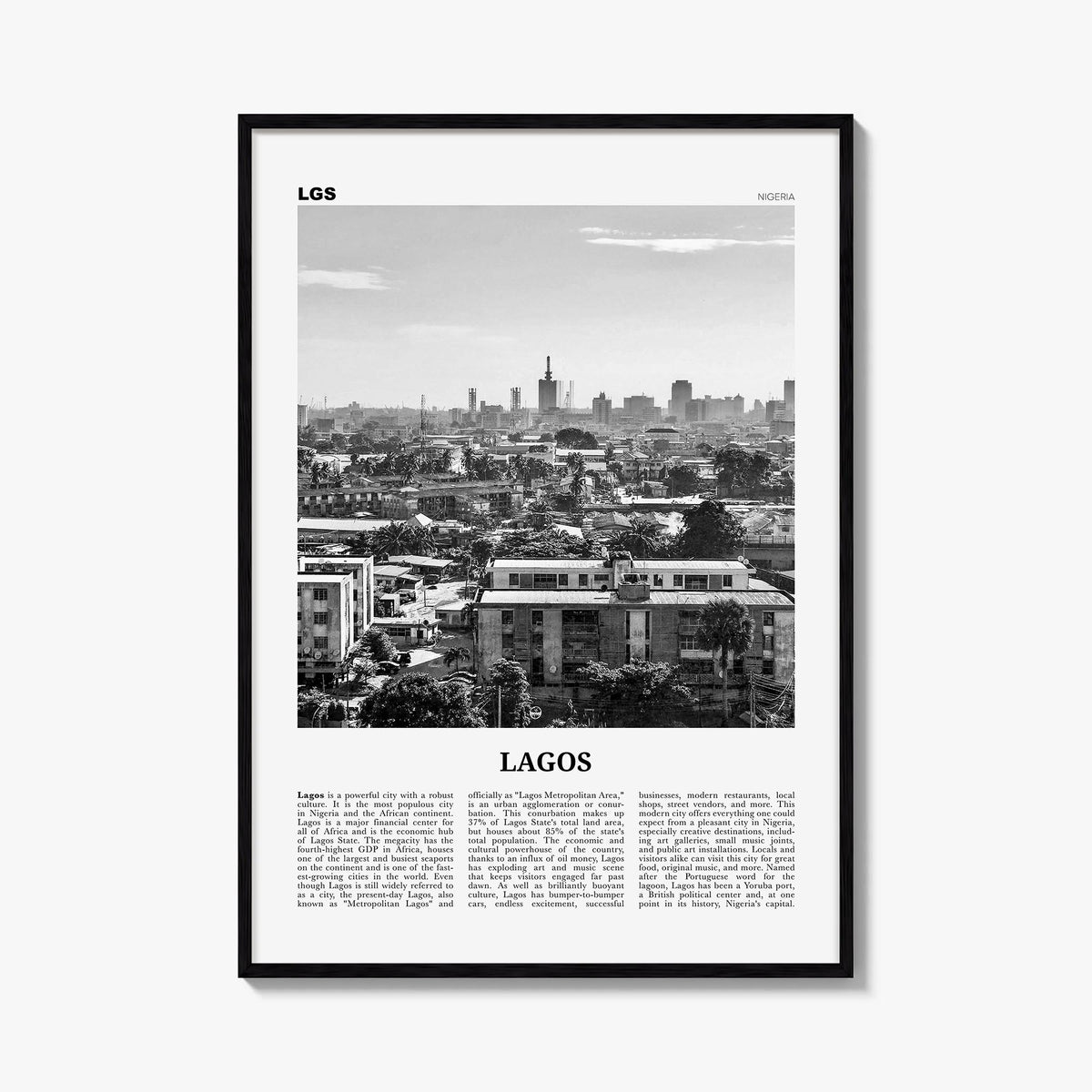 Lagos, Nigeria no. 1 black & white newspaper poster of Nigeria – vertical wall art, unframed print shown in interior mockup